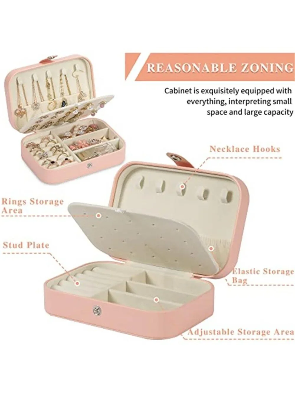 Pink Travel Jewelry Box PU Leather Organizer Earrings Rings Necklaces Portable